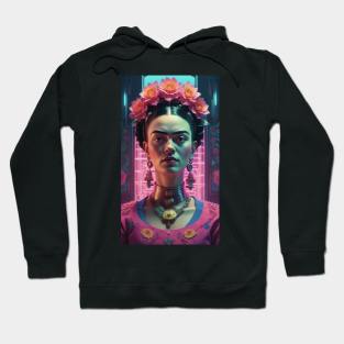 Frida's Neon Blooms: Modern Illustrative Portrait Hoodie